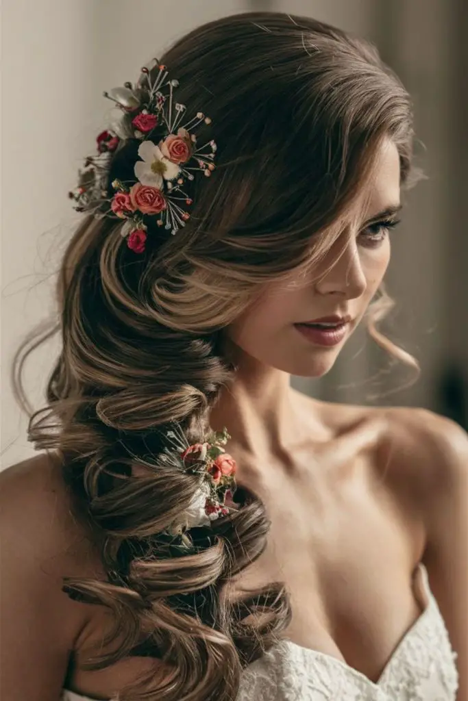 "Side-swept curls adorned with floral pins."