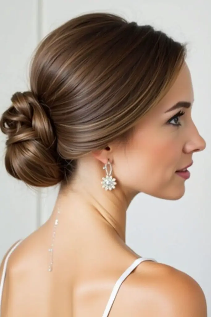 "Clean, sleek slicked-back bun for bridesmaids."