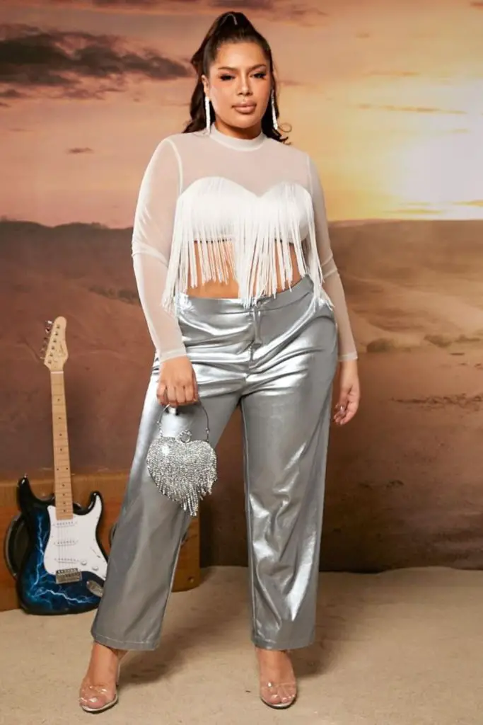 Holographic pants with sheer mesh top.