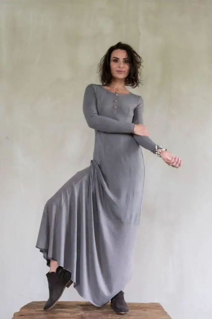 "Stone grey maxi dress with relaxed fit."