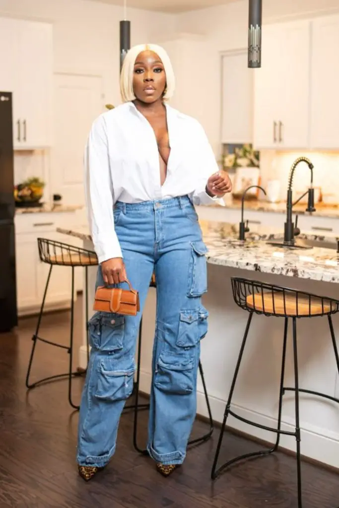 Chambray shirt tied with cargo pants.