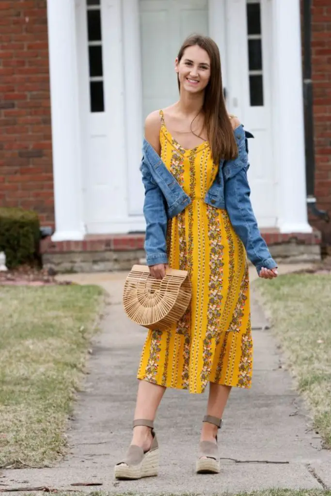 Denim jacket and yellow dress