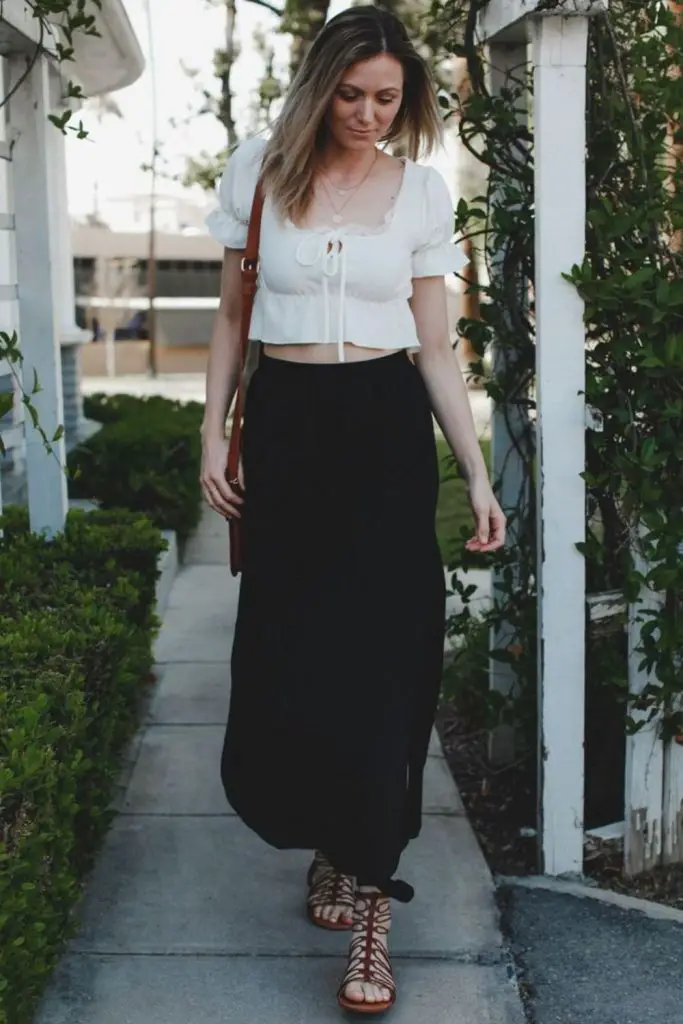 White crop top black skirt