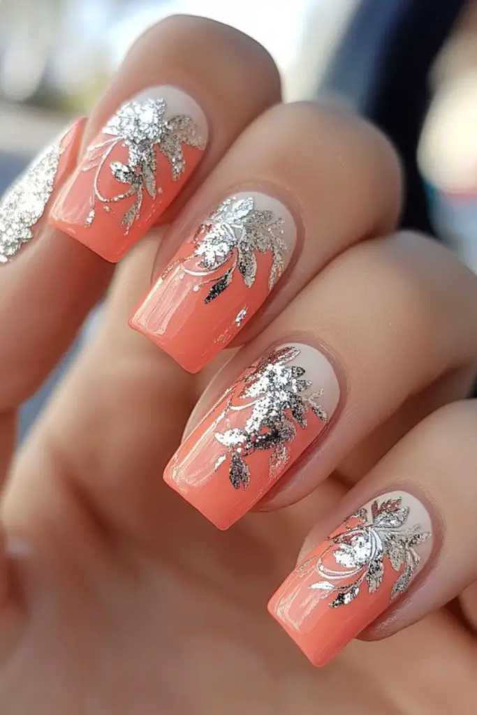 Frozen coral nails with silver foil