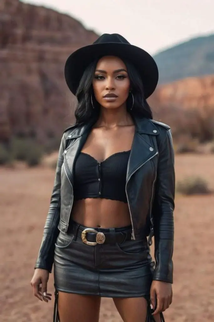 Leather jacket over a lather skirt.