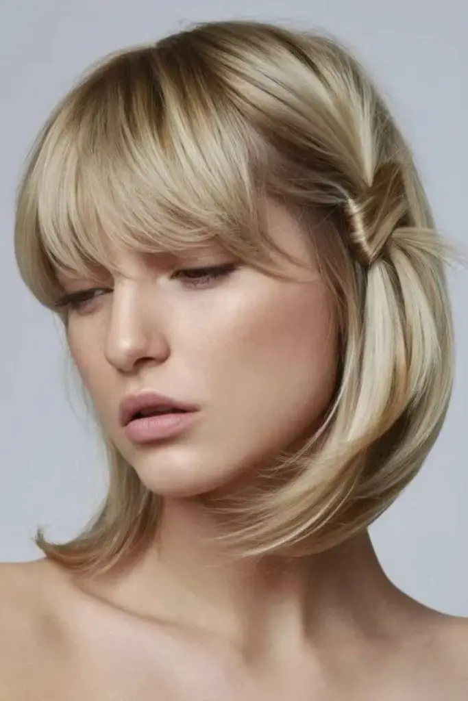 Rolled bangs pinned at forehead