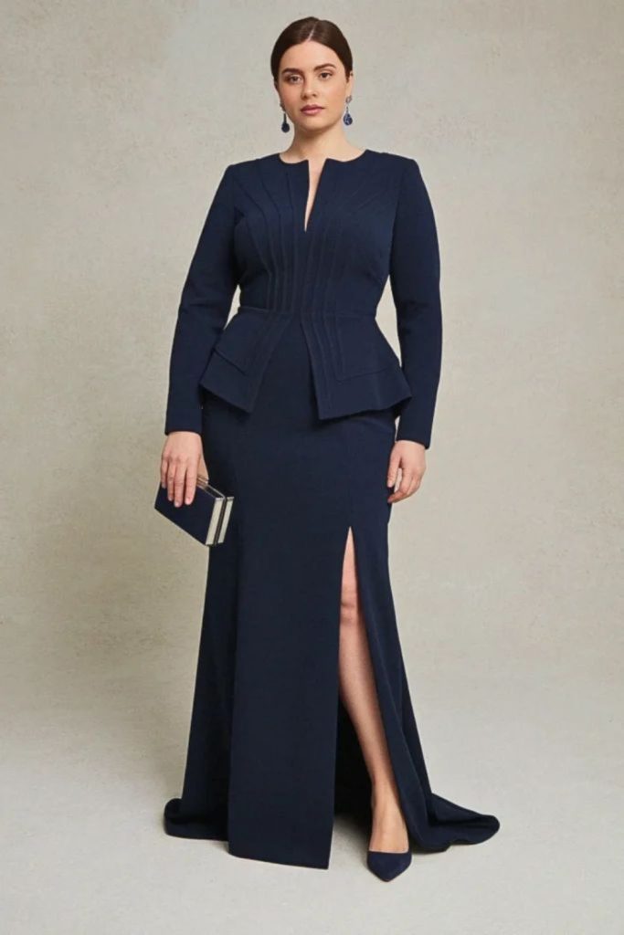 Navy wrap blouse with pencil skirt