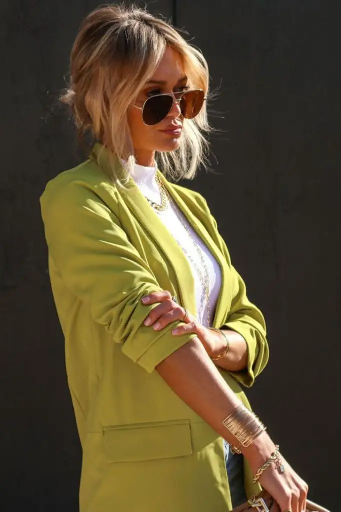 Chartreuse blazer graffiti tights boots