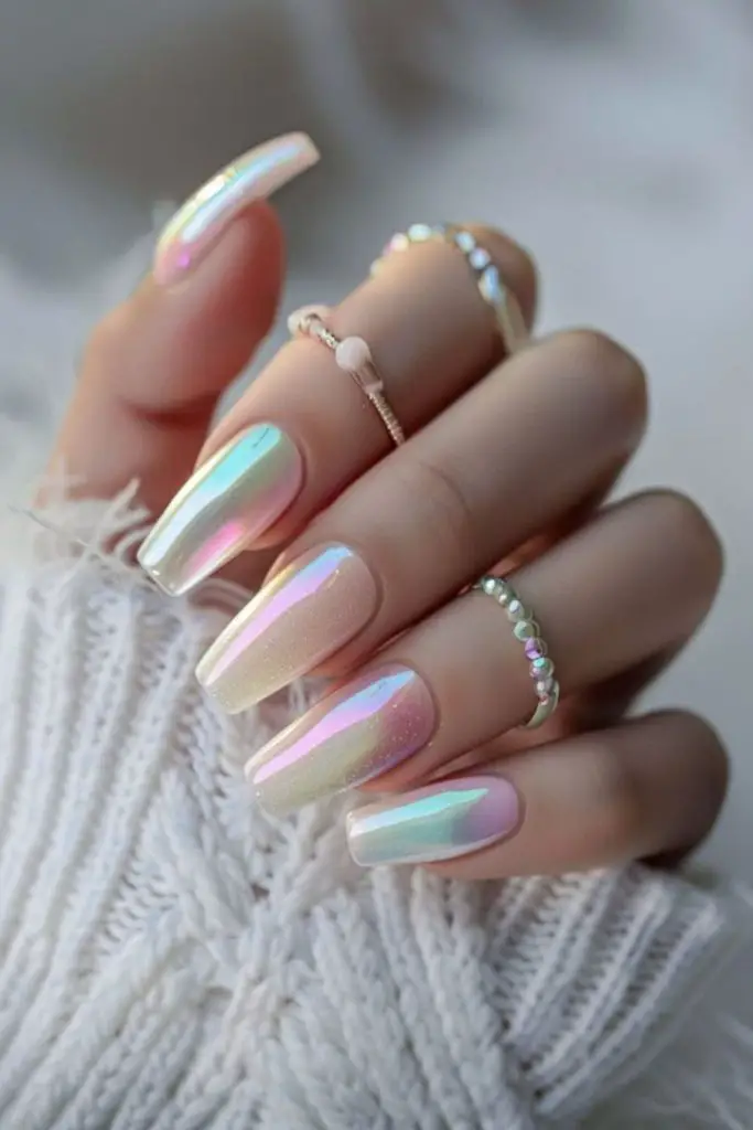 Nude aura nails with golden shine.