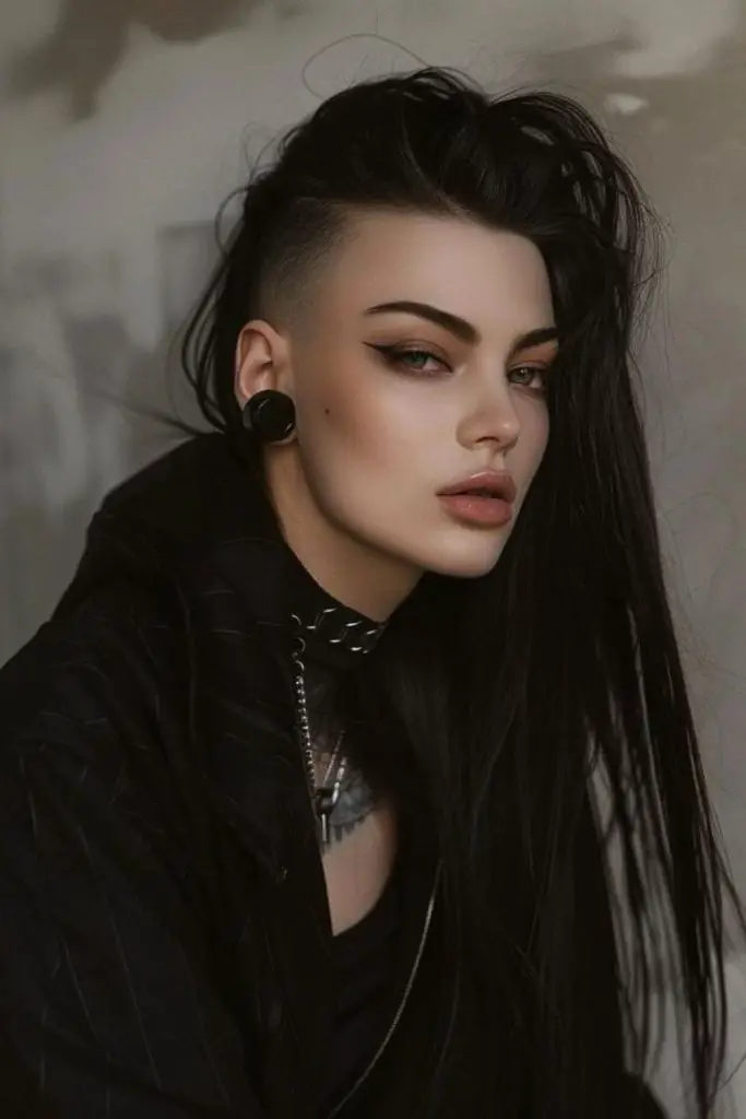 Futuristic cyborg with wired black hair