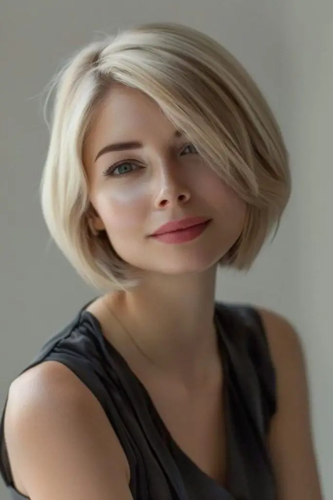 Ash blonde chin bob with precision.