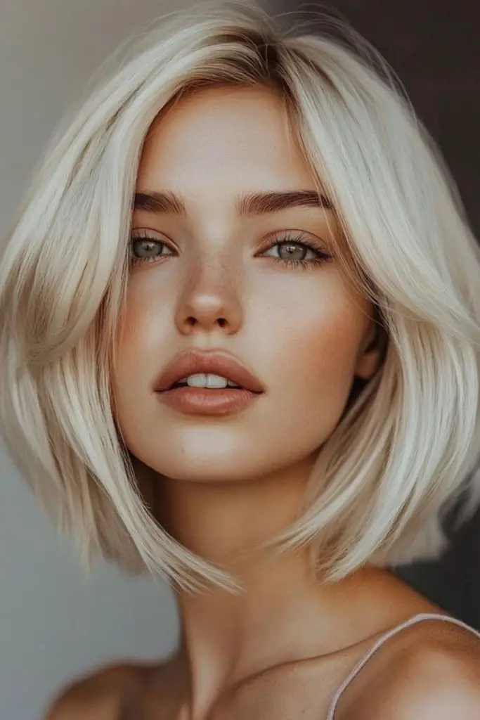 Layered platinum bob with soft shimmer