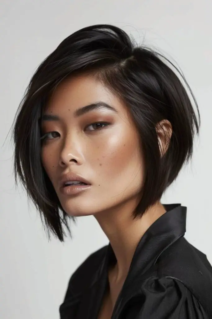 Uneven bob with tilted flair.