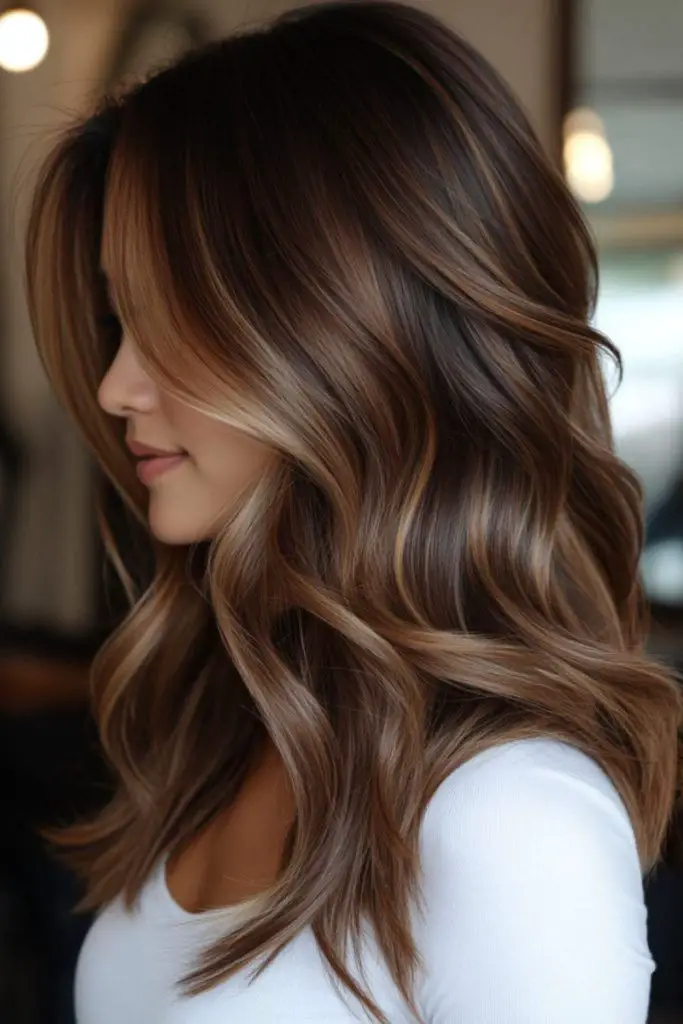 Autumn caramel threads in brunette waves