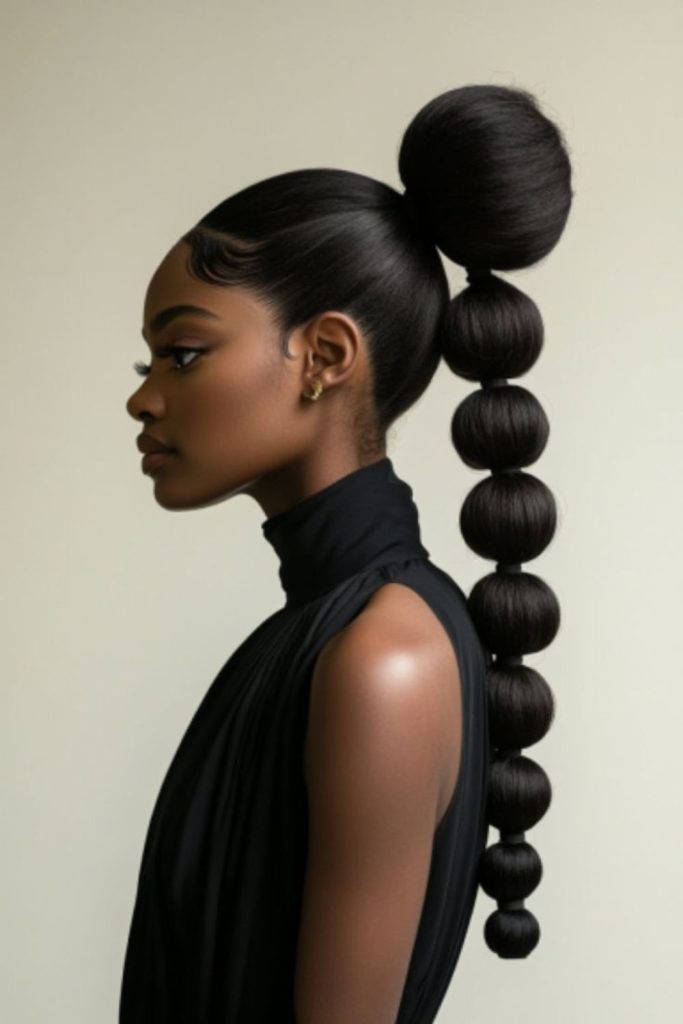 Layered bubble ponytail with elastic tiers.