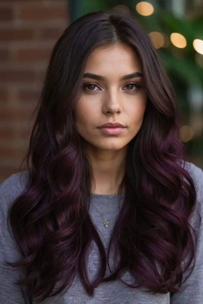 Dark chocolate hair with purple hues.