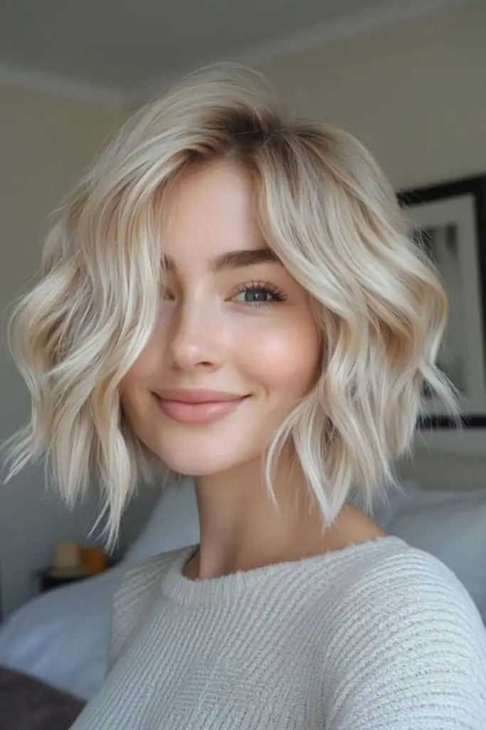Curled platinum bob with soft glow