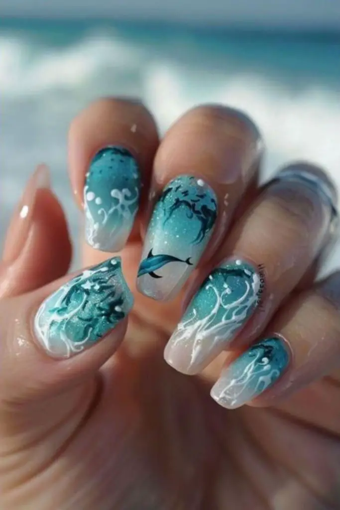 Denim-toned nails with angled specks