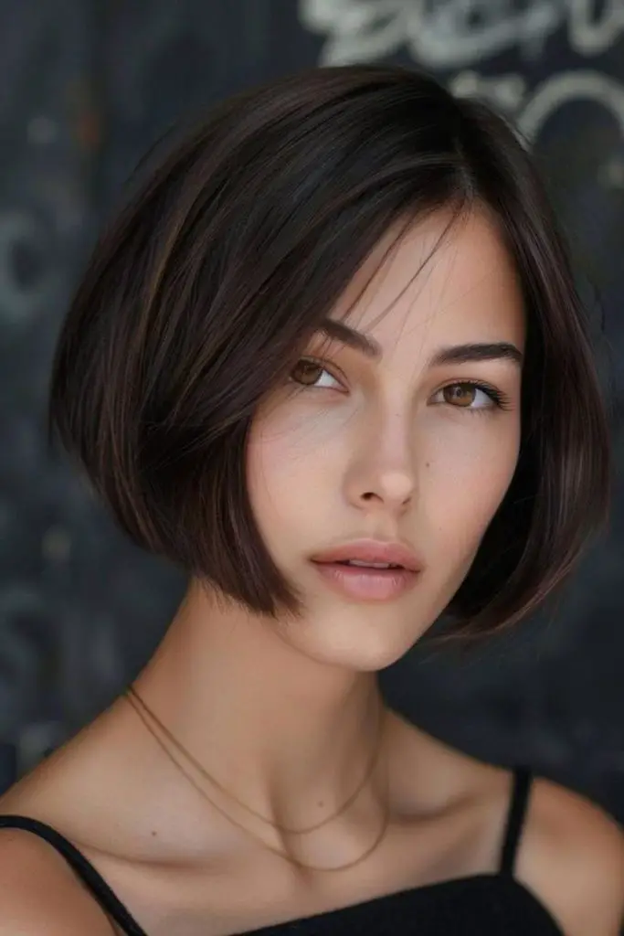 Blunt bob curving around jawline.