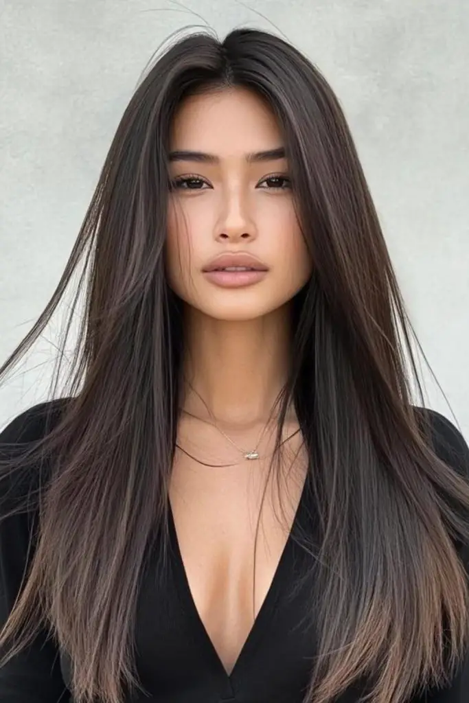 Sleek straight hair with blunt ends.