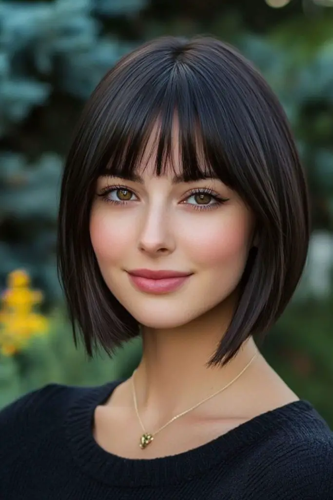 Straight bob with short edgy bangs.