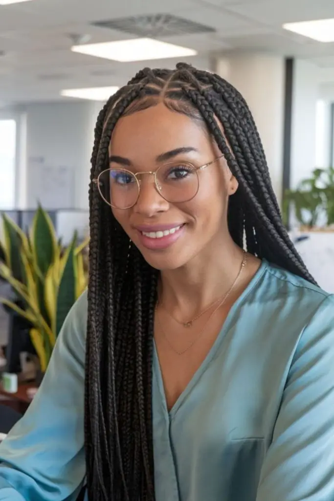 Tight box braids with thick texture.