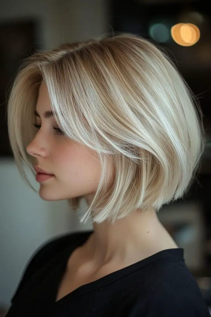 Curtain bang bob platinum cool tones