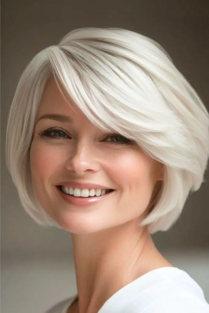 Platinum chin bob with sculpted lines.