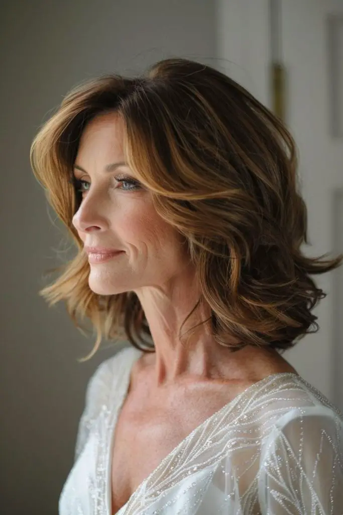 Bouncy shoulder curls with full volume.
