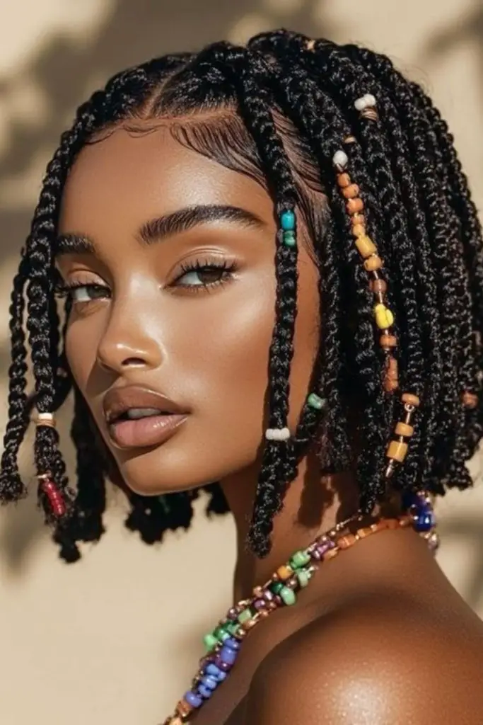 Shoulder-length amber braids with beads