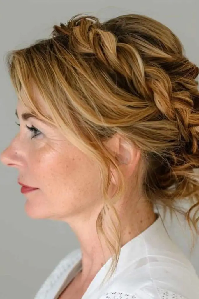 Side-swept braid tucked into bun