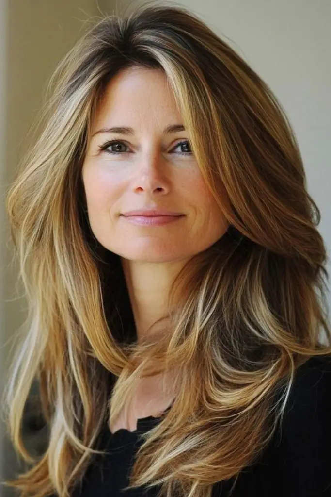 Bronze-streaked hair with sleek finish