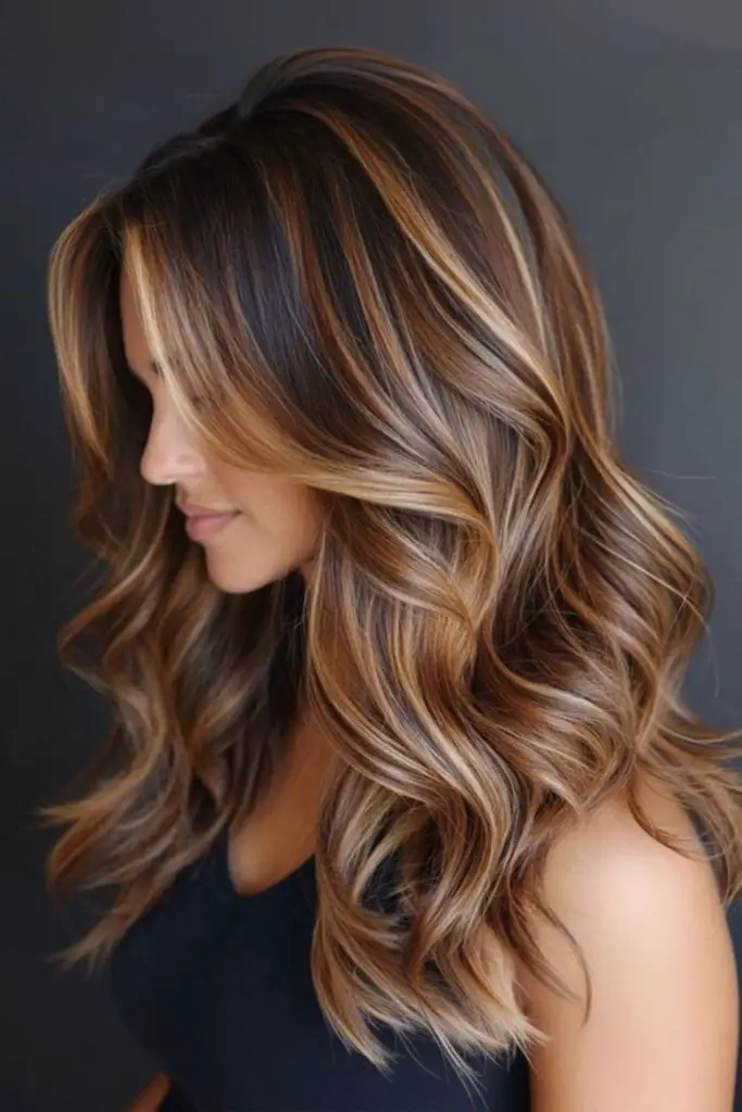 Golden caramel ends on brunette hair