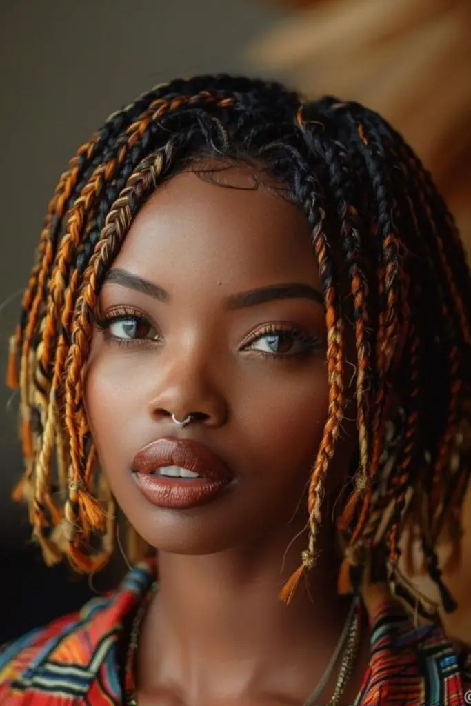 Terracotta-toned short braids with coils