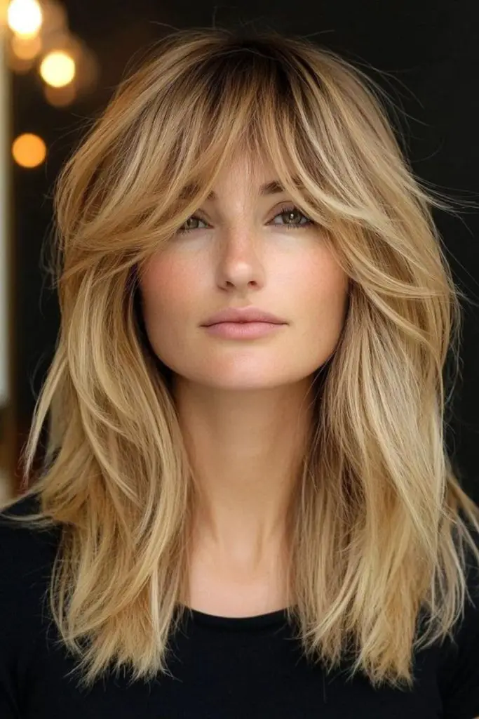 Golden lob with flowing curtain bangs