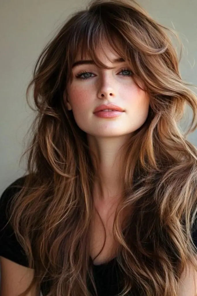 Long fringe with glossy length layers.
