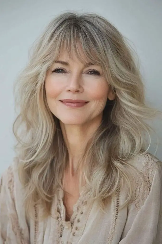 Light blonde layers with feathered bangs