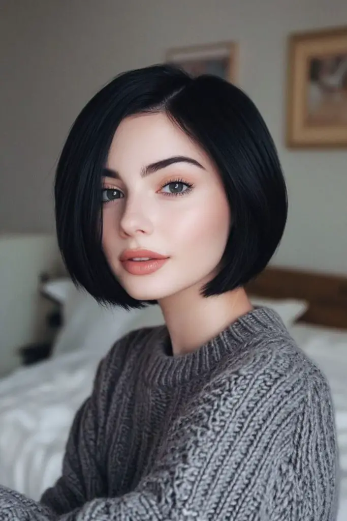 Matte charcoal bob with straight cut.