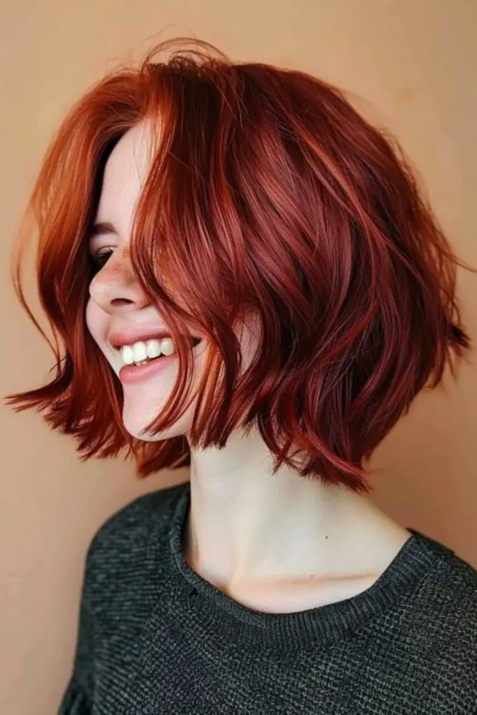 Bold red bob with curled tips.