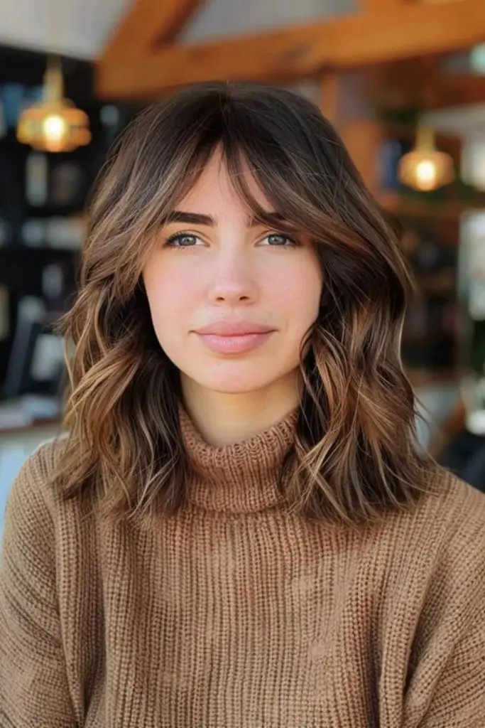Brown lob with floating curtain fringe