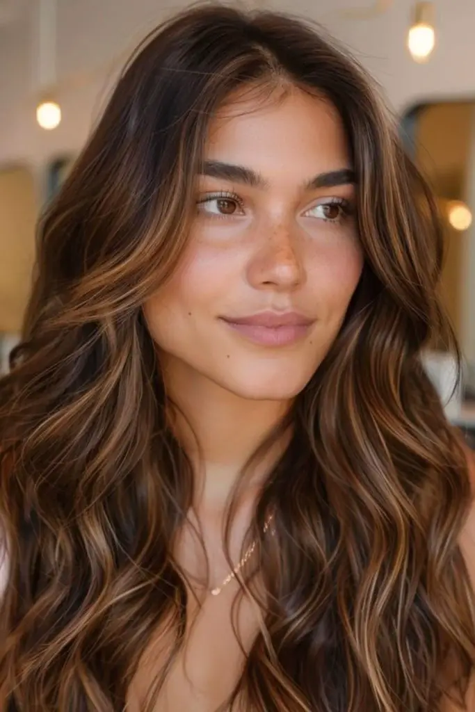Rich chestnut hair with glowing highlights
