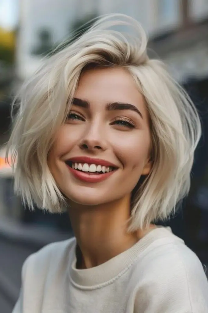 Blocky platinum bob with sculpted edges