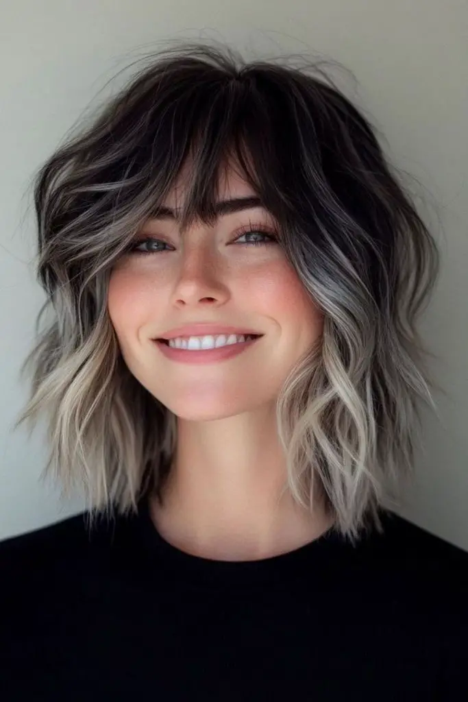 Smoky layered bob with fiery fringe