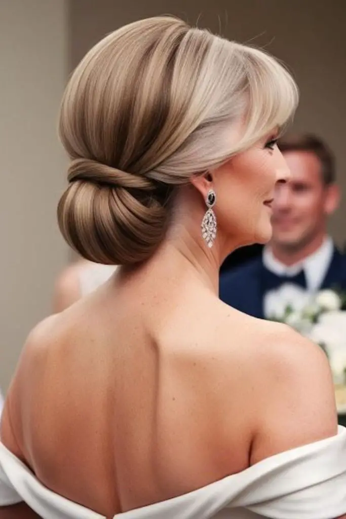 Rolled low bun with vintage elegance.