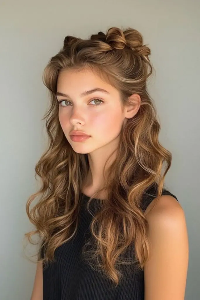 Fluffy half bun with trailing strands.