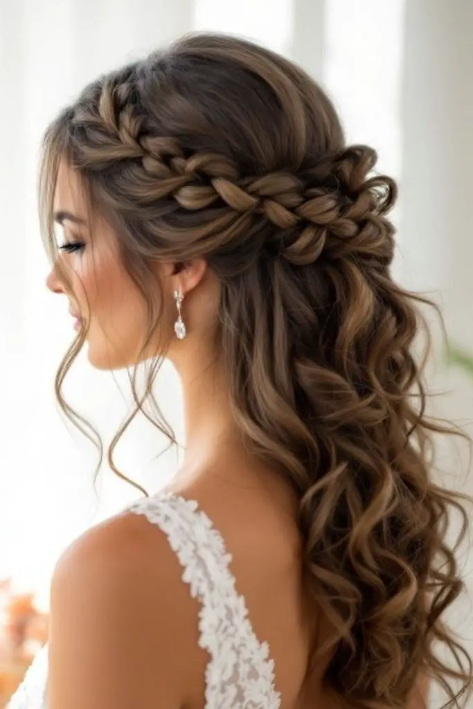 Crossed crown strands with curled fall.