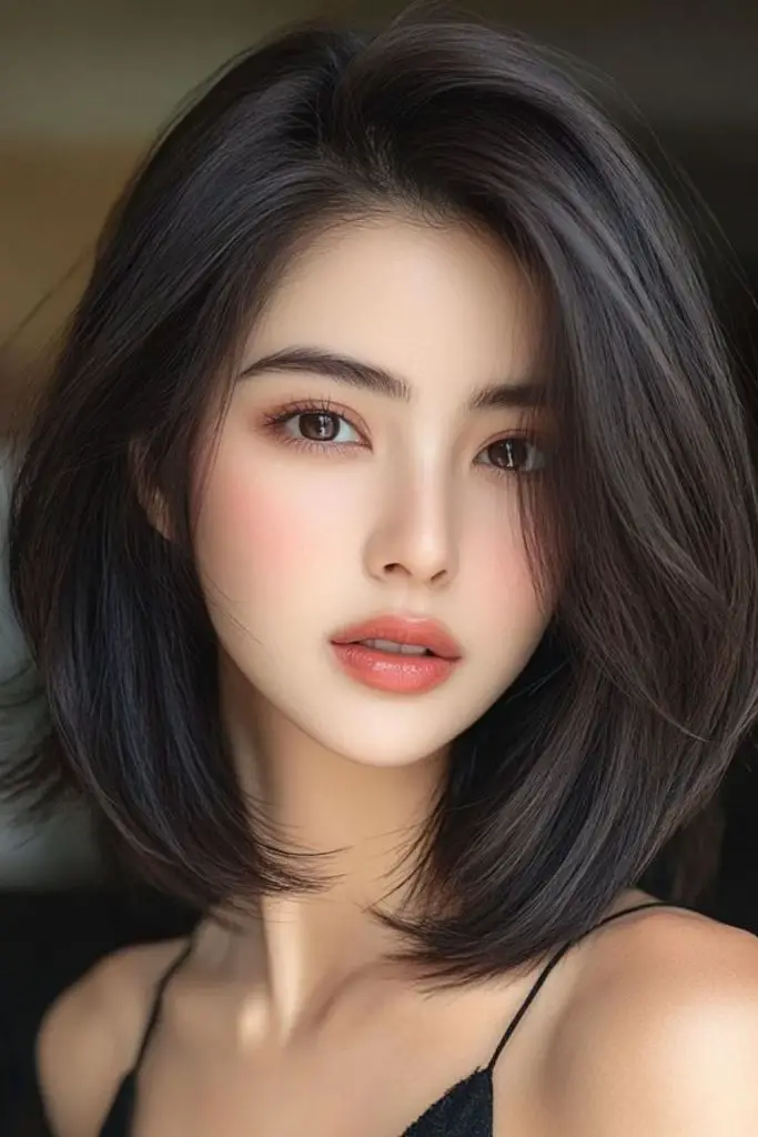 Asymmetric bob creating circular face shape