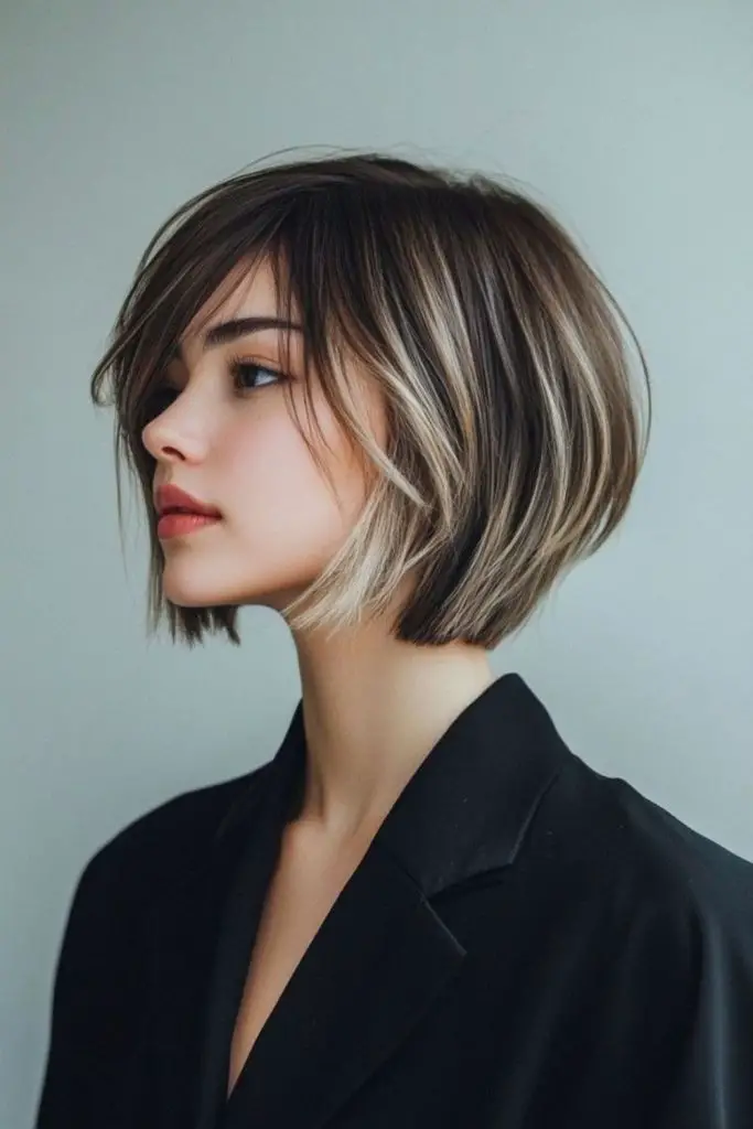 Asymmetrical bob with eye-sweeping bangs