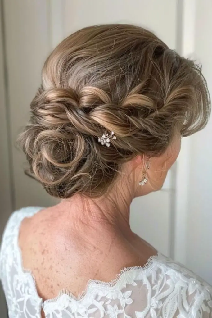 Crown braid wrapped into jeweled knot