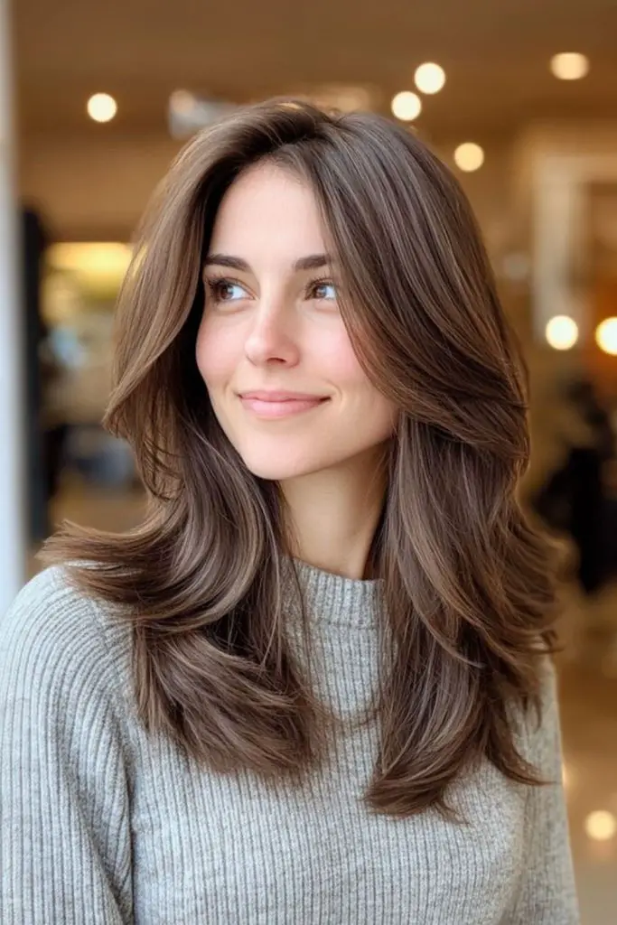 Soft curtain bangs and swaying lob.